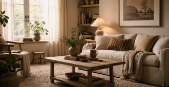 Современная уютная гостиная с текстурным ковром, деревянным столом, декоративными подушками и мягким естественным светом