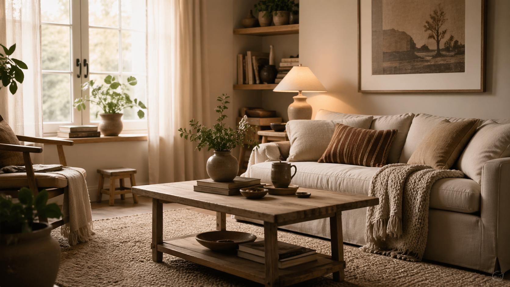 Современная уютная гостиная с текстурным ковром, деревянным столом, декоративными подушками и мягким естественным светом