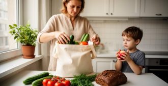 Мама разбирает продукты из сумки на кухне, рядом ребёнок