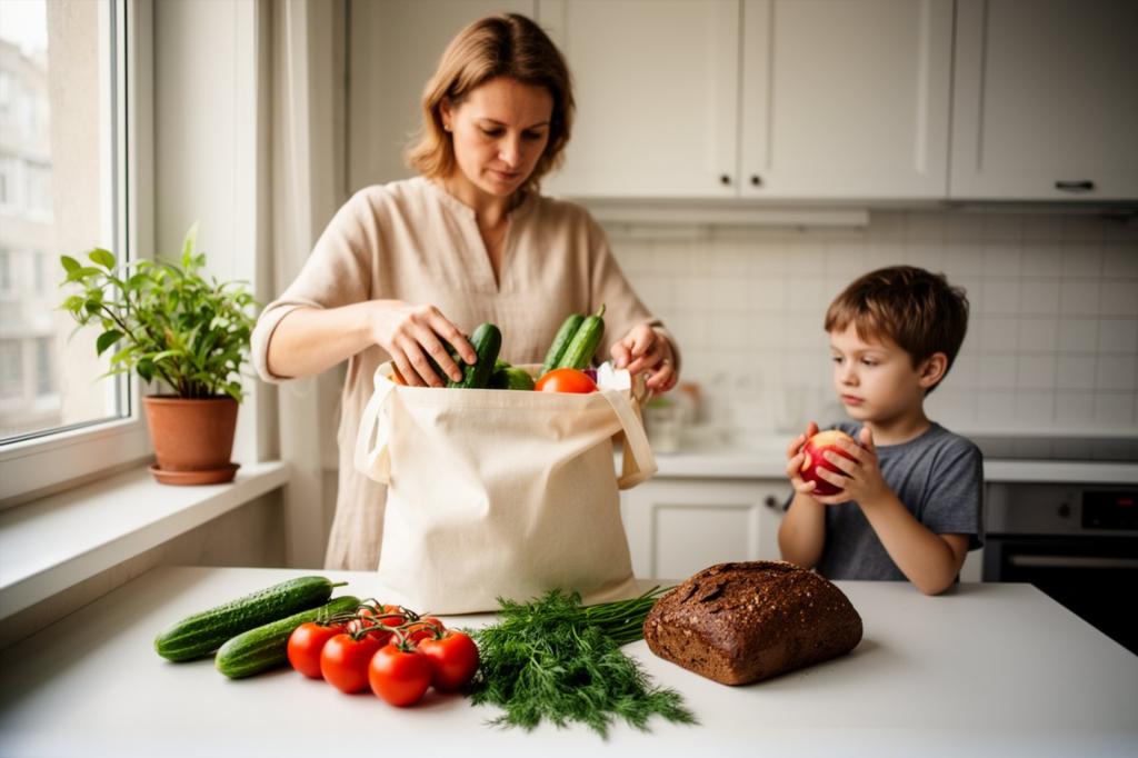 Мама разбирает продукты из сумки на кухне, рядом ребёнок