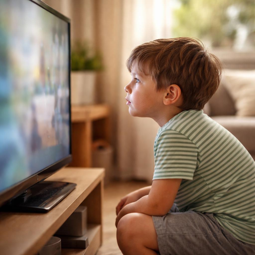 Ребёнок щурится и подходит ближе к телевизору