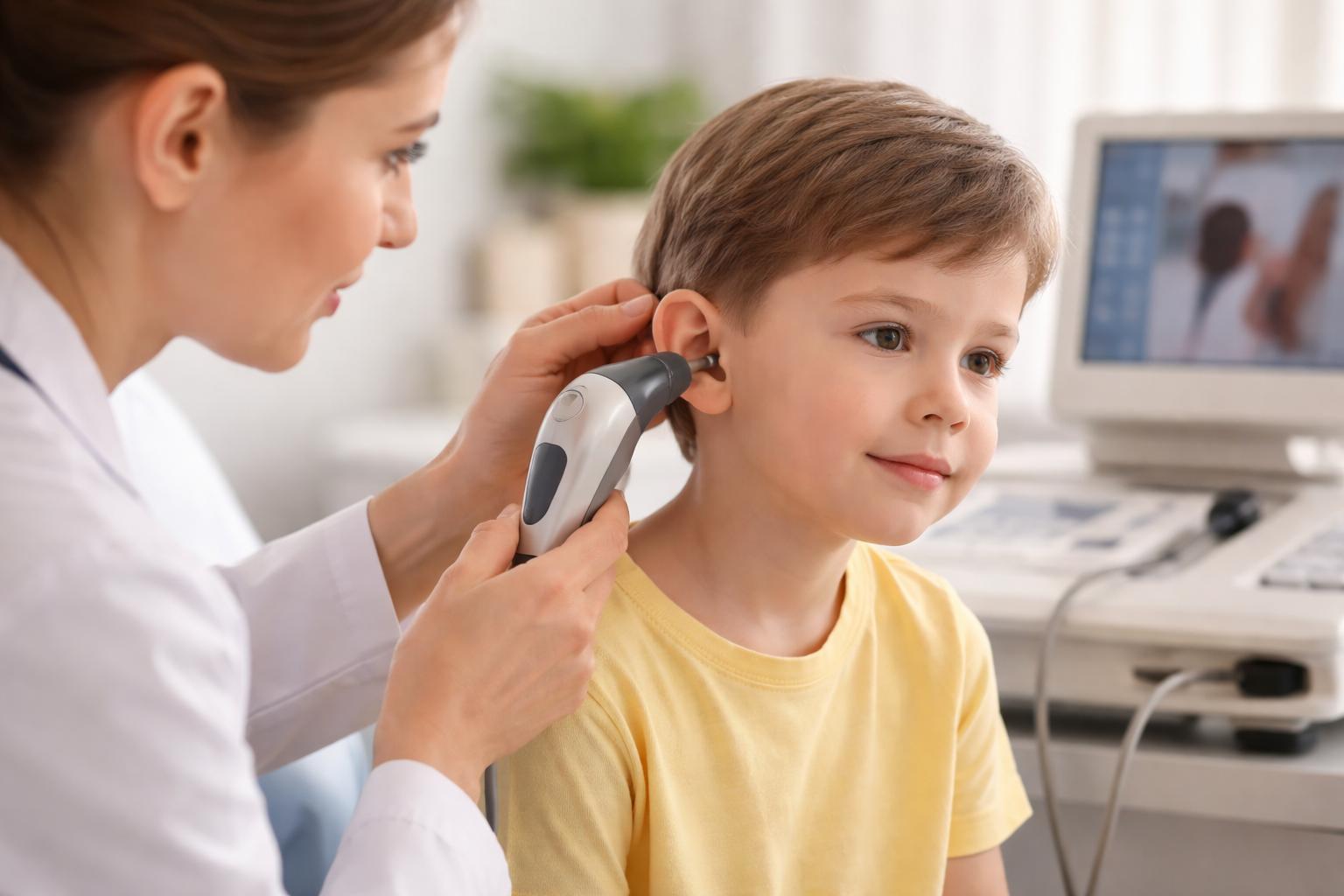 врач проводит тимпанометрию ребенку с помощью зонда в ухе